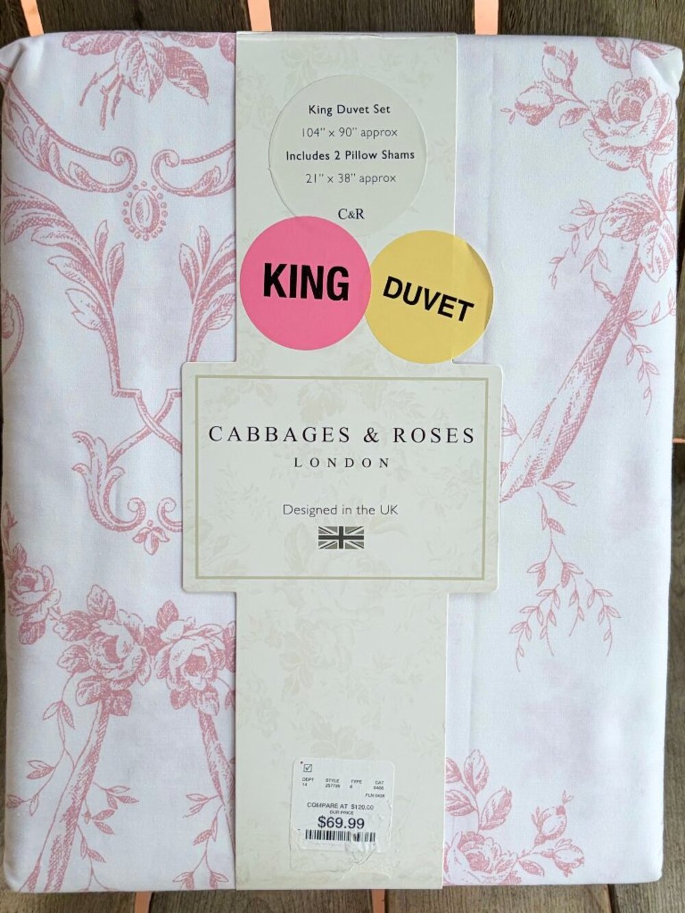 3-pc Cabbages & Roses London King Size Cotton Duvet Set FLORAL TOILE - ROSE
